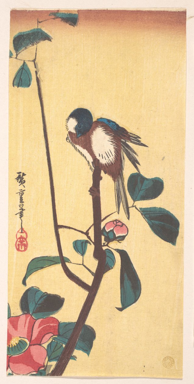 Kamelia ja sinipäinen lintu tekijältä Utagawa Hiroshige