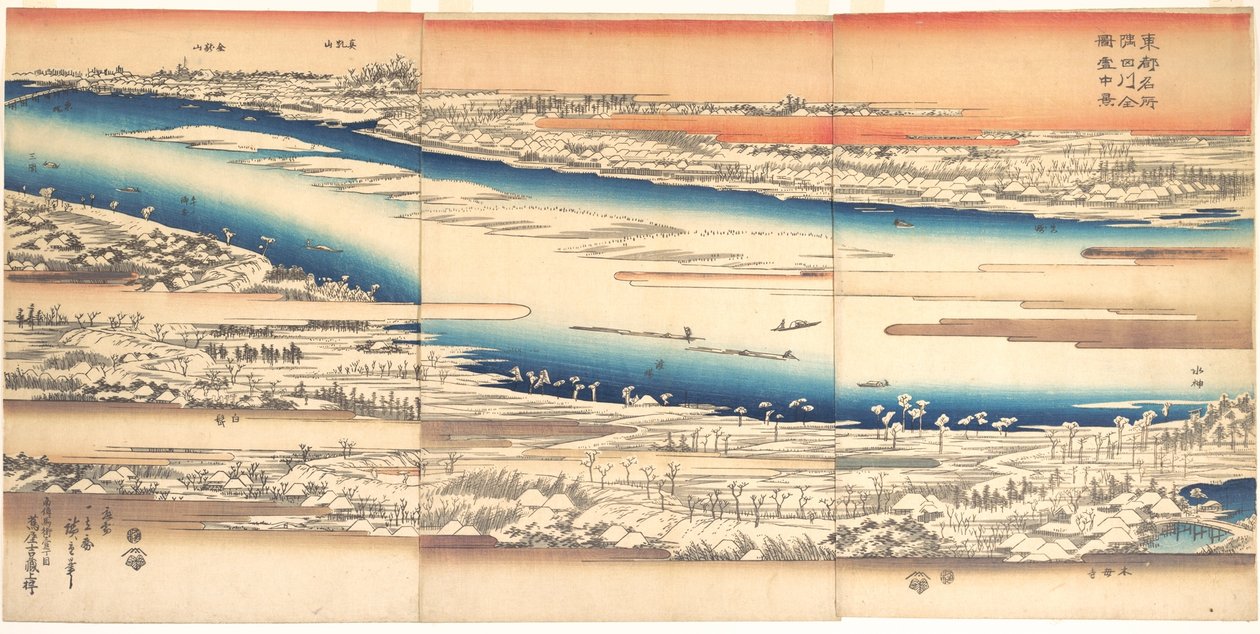 Kuuluisia paikkoja itäisessä pääkaupungissa: panoraamanäkymä Sumidajoelle lumessa tekijältä Utagawa Hiroshige