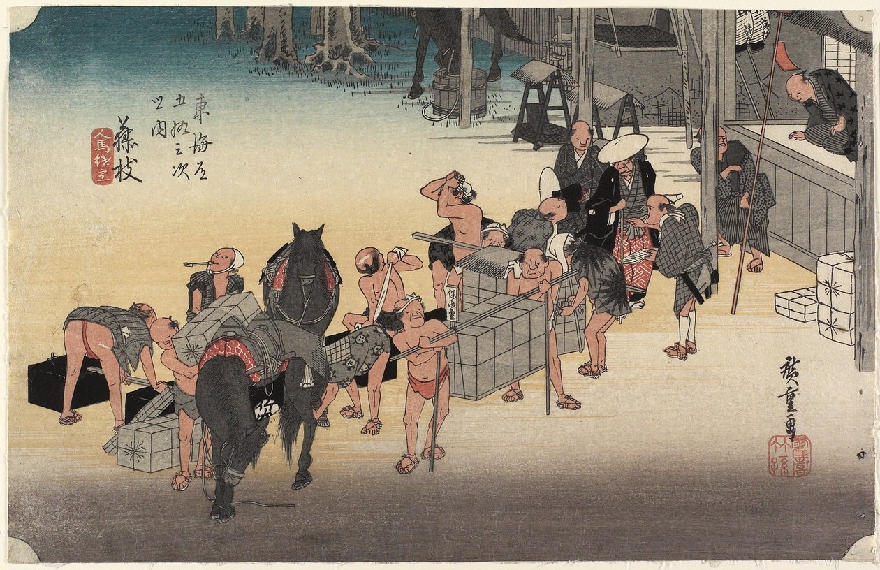 Porterien ja hevosten vaihtaminen, Fujieda, c. 1833 tekijältä Utagawa Hiroshige