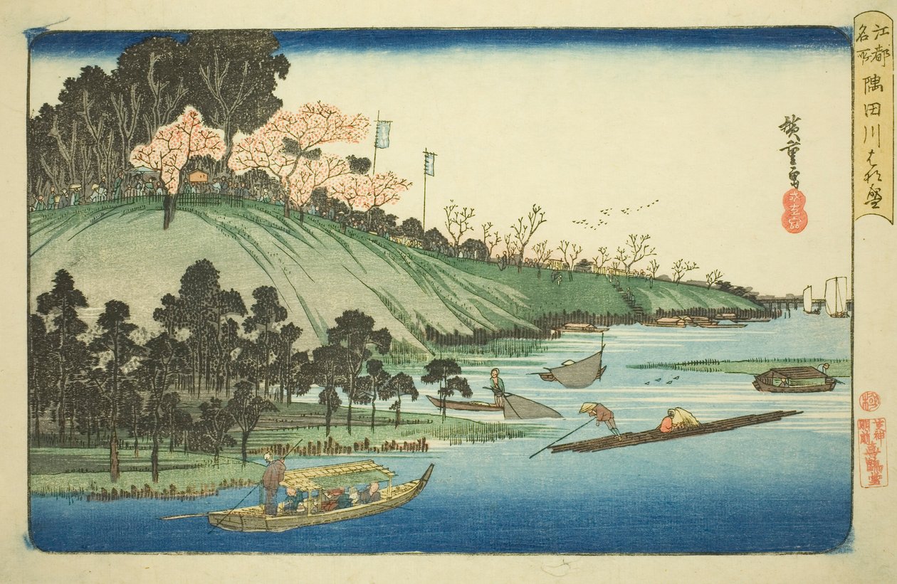 Kirsikankukkia täydessä kukassa Sumida-joen varrella (Sumidagawa hanazakari), sarjasta "Famous Places in Edo (Koto meisho)" tekijältä Utagawa Hiroshige