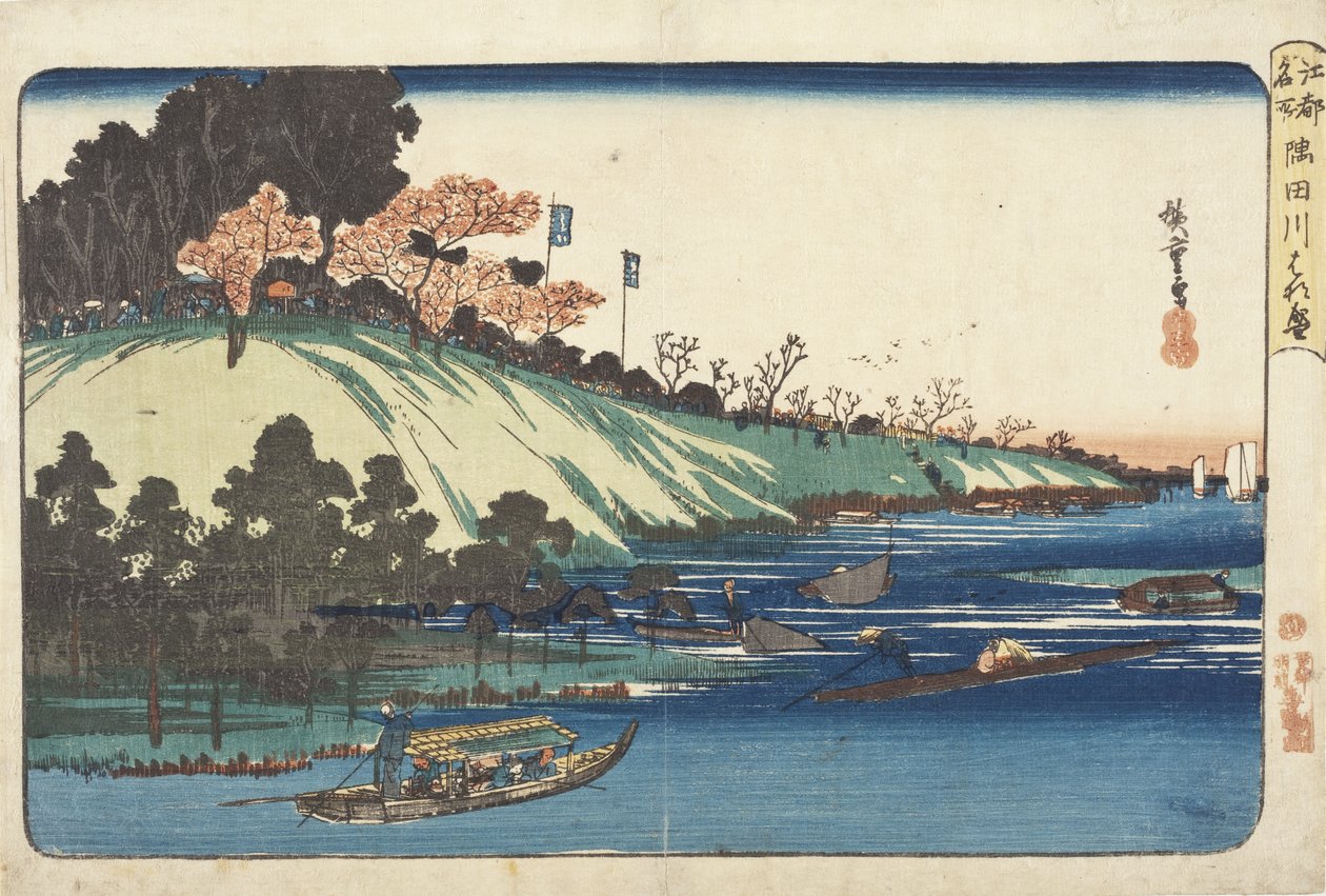 Täydessä kukassa olevat kirsikankukat Sumidajoen varrella tekijältä Utagawa Hiroshige