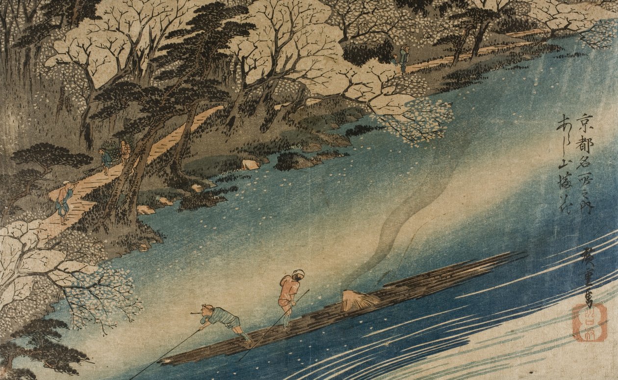 Täydessä kukassa olevat kirsikankukat Arashiyamassa tekijältä Utagawa Hiroshige