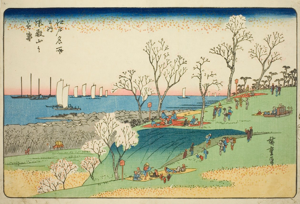 Kirsikankukkia täydessä kukassa Goten Hillillä (Gotenyama no hanazakari), sarjasta "Famous Places in Edo (Edo meisho no uchi)" tekijältä Utagawa Hiroshige