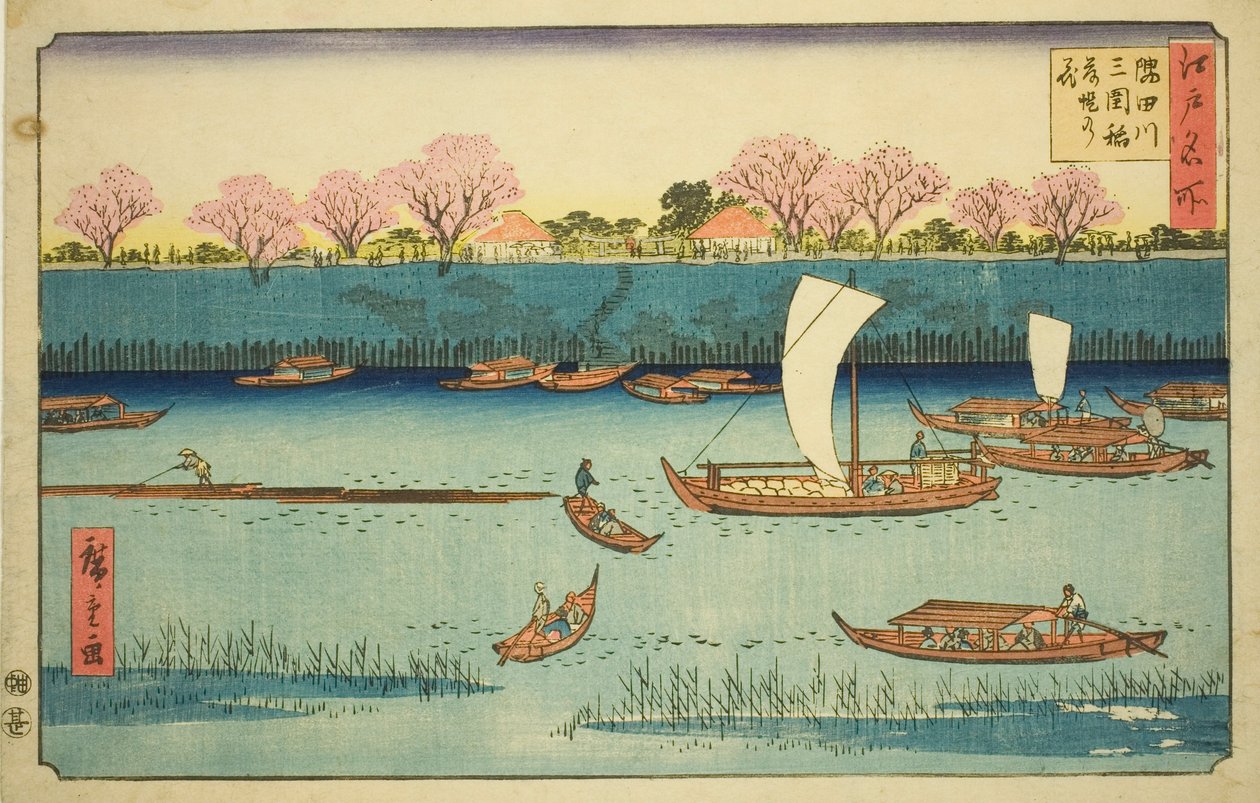 Kirsikkapuut Sumida-joen rantakadulla Mimeguri Inarin pyhäkössä (Sumidagawa Mimeguri Inari tsutsumi no hana), sarjasta "Famous Places in Edo (Edo meisho)" tekijältä Utagawa Hiroshige