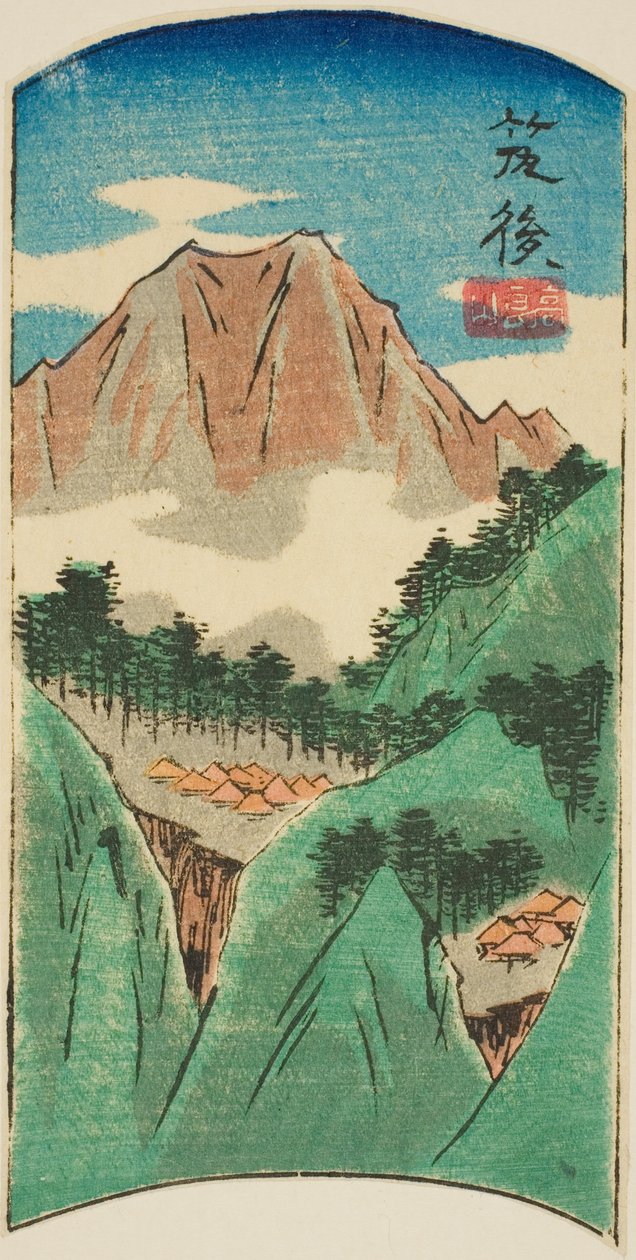 Chikugo, osa arkista nro. 17 sarjasta "Cutout Pictures of the Provinces (Kunizukushi harimaze zue)" tekijältä Utagawa Hiroshige