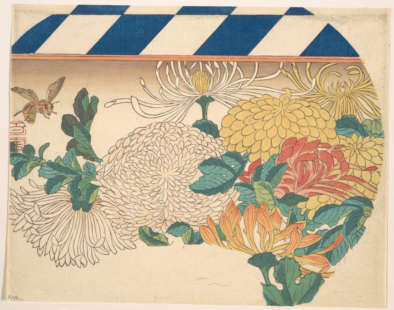 Krysanteemit tuulettimen muotoisessa sommitelmassa tekijältä Utagawa Hiroshige