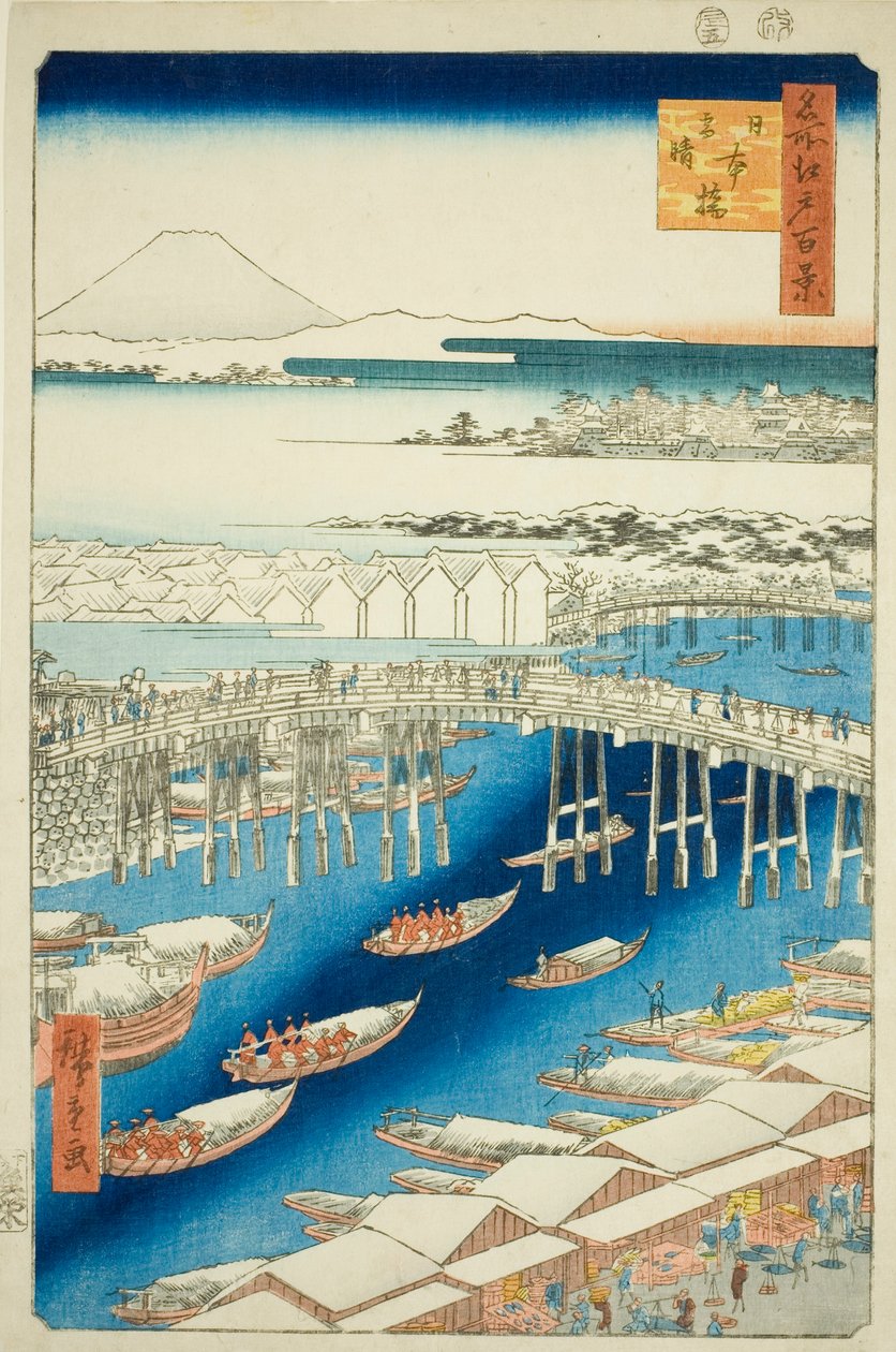 Astiat af hand r S w at Japan B syy (Nihonbashi lumikirkas), sarjasta "Ridge dre d fa net view ws f Edo (kuuluisa paikka Edo 100 katselukertaa)" tekijältä Utagawa Hiroshige