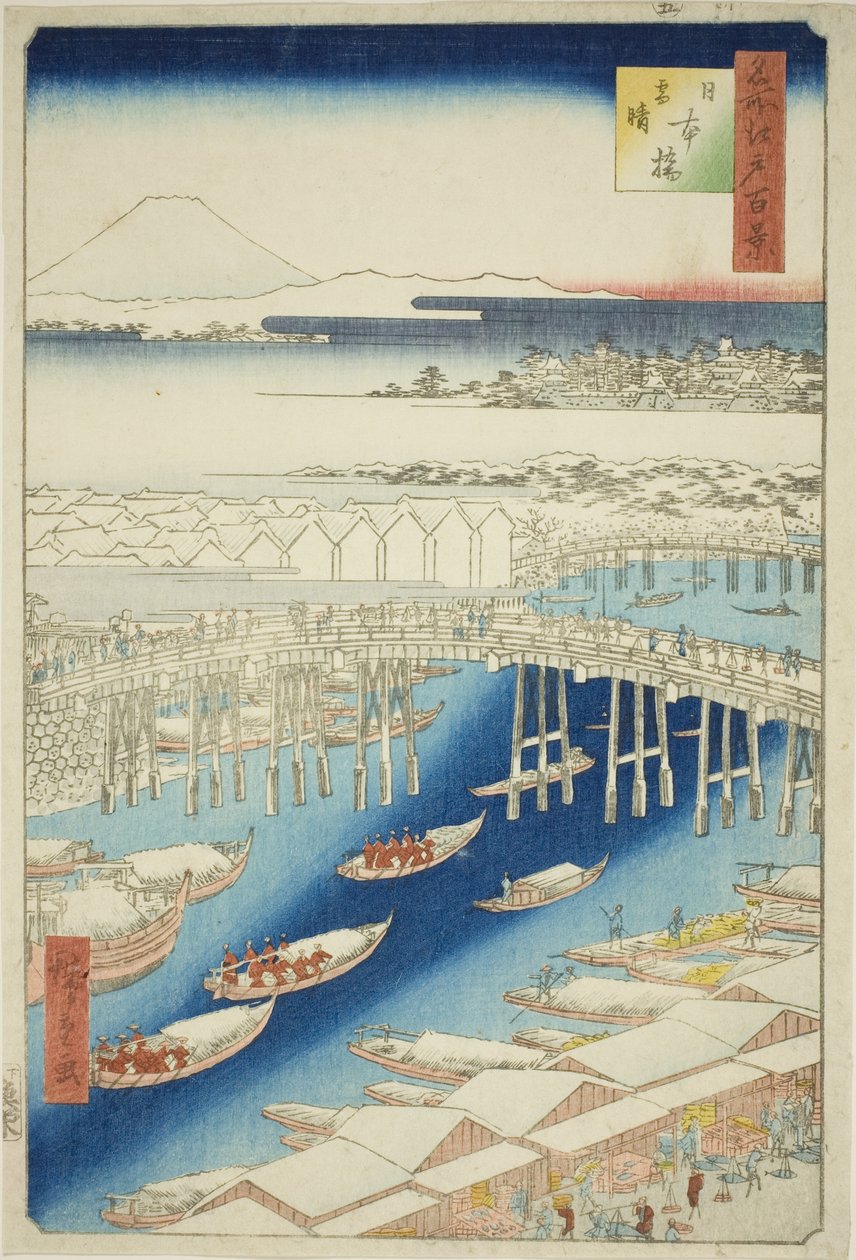 Astiat käsin S w Japanissa B syy (Nihonbashi lumikirkas), sarjasta "Ridge for ridges" 100 katselukertaa” tekijältä Utagawa Hiroshige