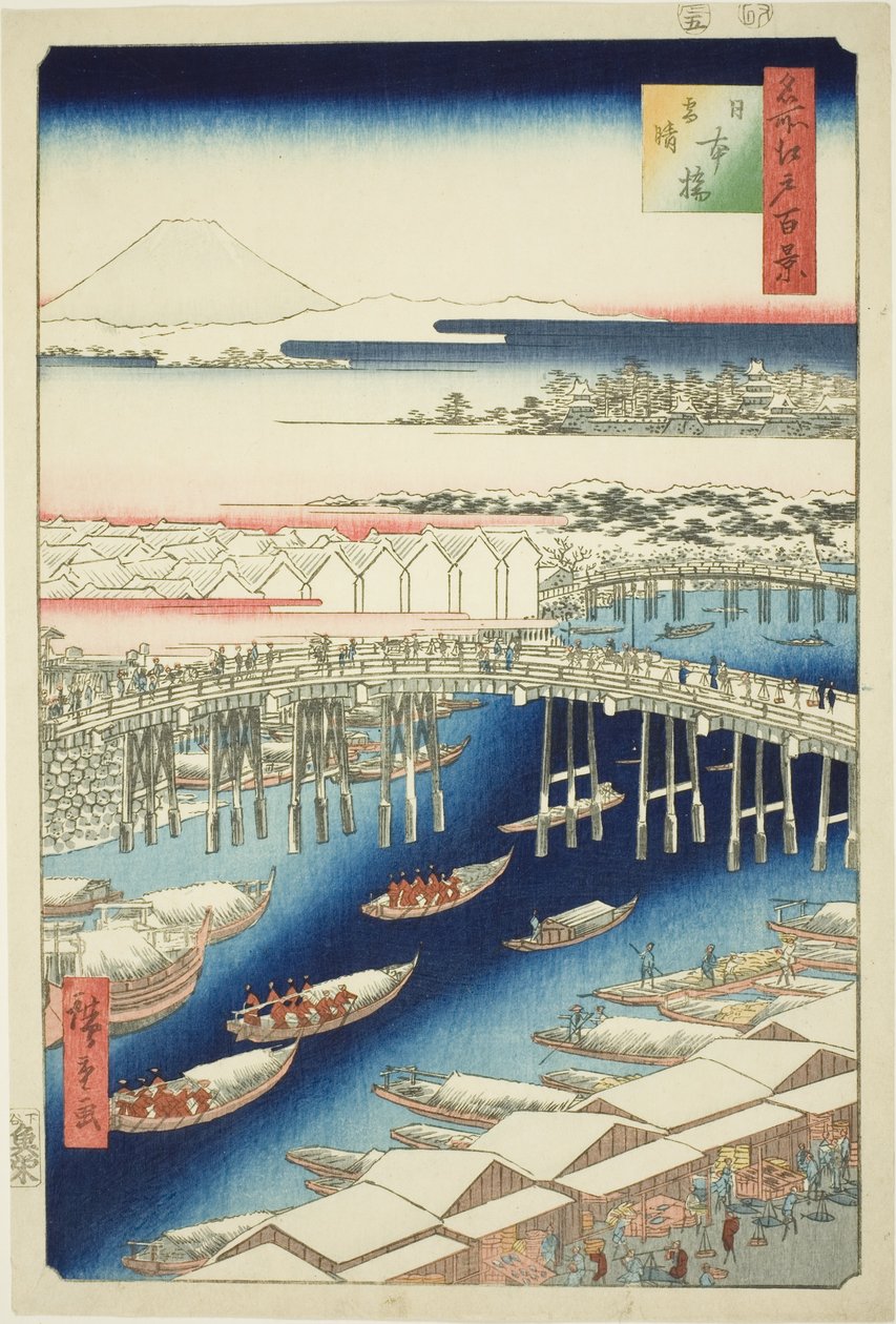Astiat af hand r S w at Japan B Ridge (Nihonbashi lumikirkas), sarjasta "Ridge dre d fa net view ws f Edo (kuuluisa paikka Edo 100 katselukertaa)" tekijältä Utagawa Hiroshige