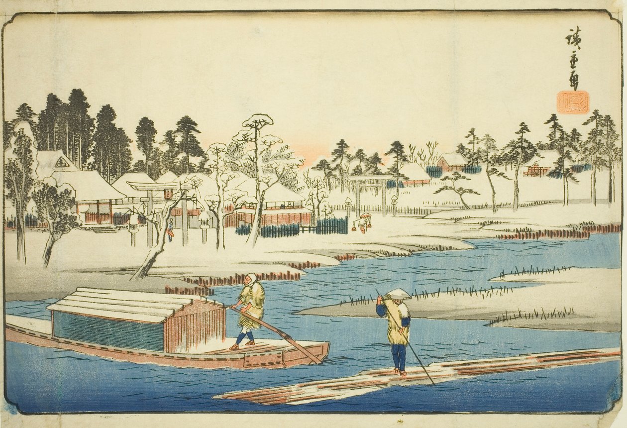 Selkeää säätä lumen jälkeen Massakissa (Massaki yukibare no zu), sarjasta "Itäisen pääkaupungin kuuluisia paikkoja (Toto meisho)" tekijältä Utagawa Hiroshige