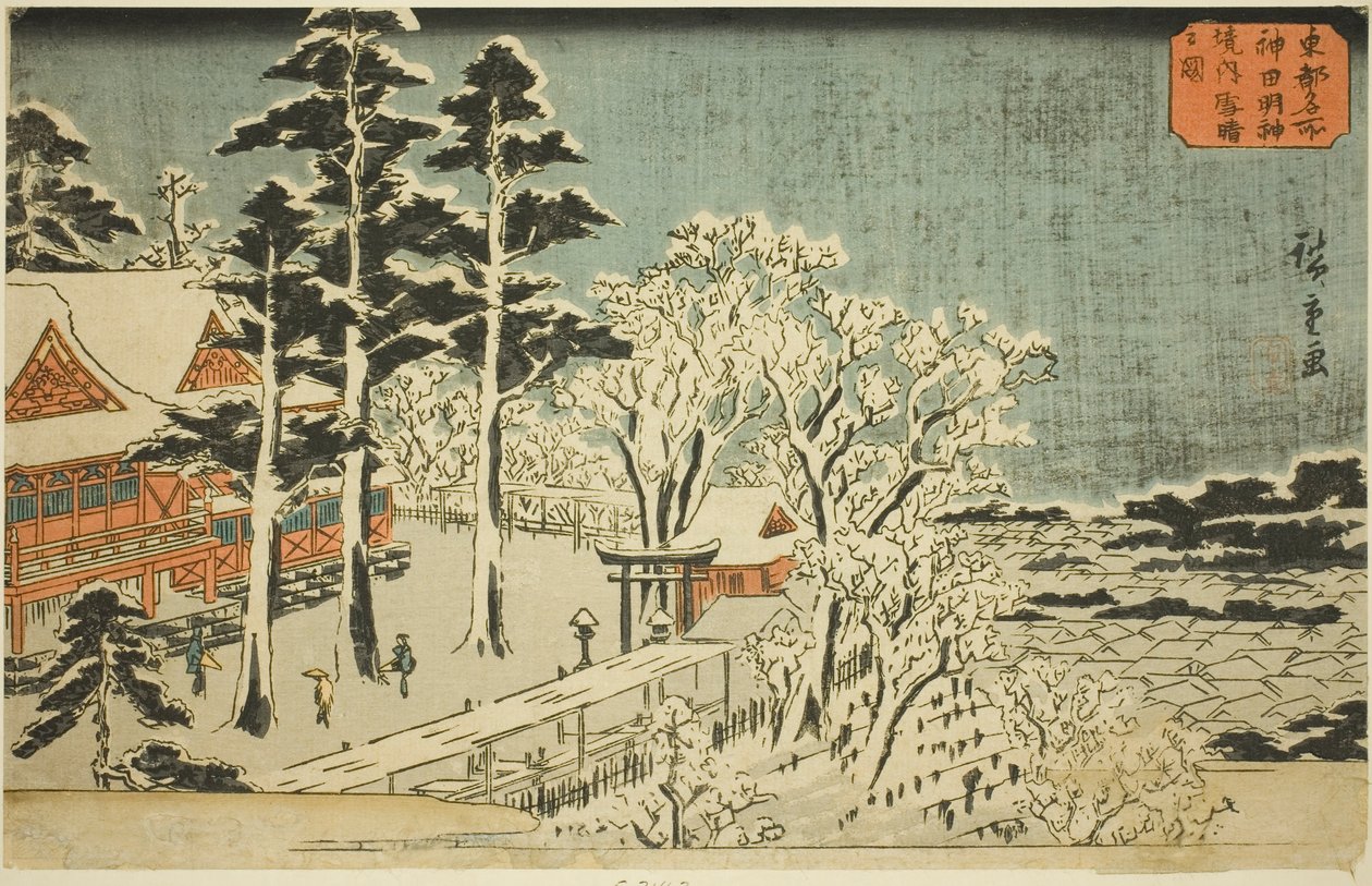 Selkeää säätä lumisateen jälkeen Kanda Myojinin pyhäkön lähialueilla (Kanda Myojin keidai yukibare no zu), sarjasta "Itäisen pääkaupungin kuuluisia paikkoja (Toto meisho)" tekijältä Utagawa Hiroshige