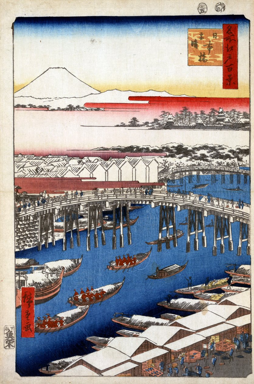 Selkeää säätä lumen jälkeen Nihon-sillalla, sata kuuluisaa näköalaa Edosta, 1856-1858. tekijältä Utagawa Hiroshige