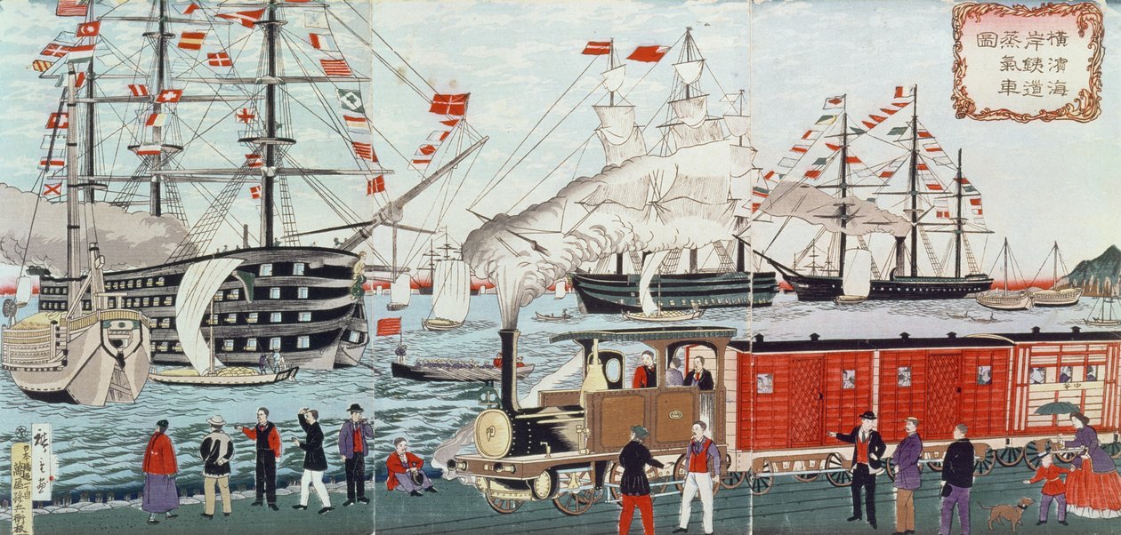Commodore Perryn lahja rautatiestä japanilaisille vuonna 1853 (puupainatus) tekijältä Utagawa Hiroshige