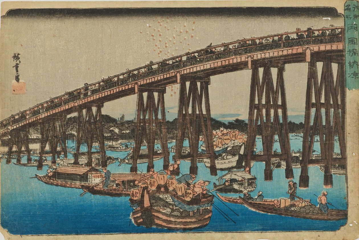 "Vilvoittelua Ryōgokussa" sarjasta "Edon kuuluisia paikkoja" tekijältä Utagawa Hiroshige