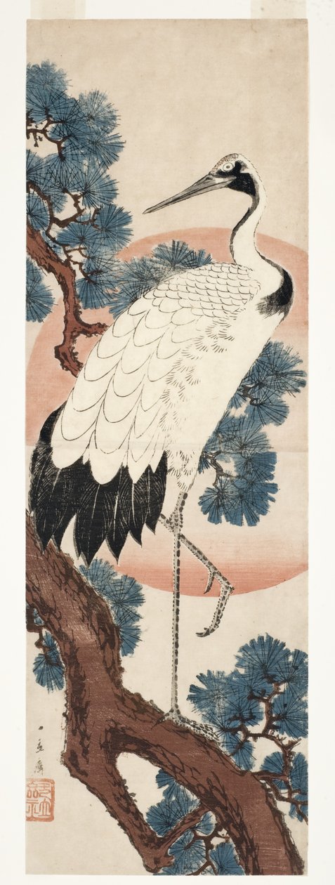 Nosturi männyssä auringonnousun aikaan, 1850-55 (puupalikka) tekijältä Utagawa Hiroshige