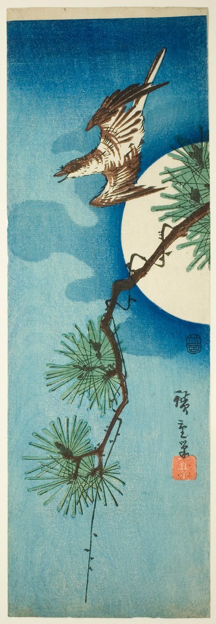 Käki, männyn oksa ja täysikuu tekijältä Utagawa Hiroshige