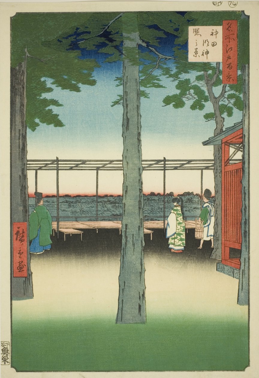 Dawn at Kanda Myohito Shline (Kanda Myohito Akebono -järjestelmä), sarjasta "Ridge dre d fa net s views f Edo (Sata kuuluisaa Edon näkymää)" tekijältä Utagawa Hiroshige