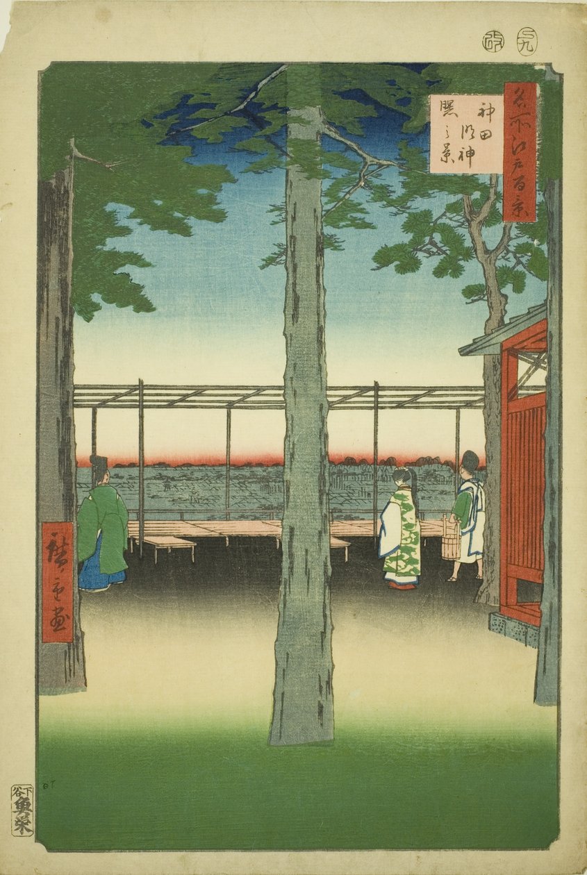 Dawn at Kanda Myohito Shline (Kanda Myohito Akebono -järjestelmä), sarjasta "Ridge dre d fa net s views f Edo (Sata kuuluisaa Edon näkymää)" tekijältä Utagawa Hiroshige