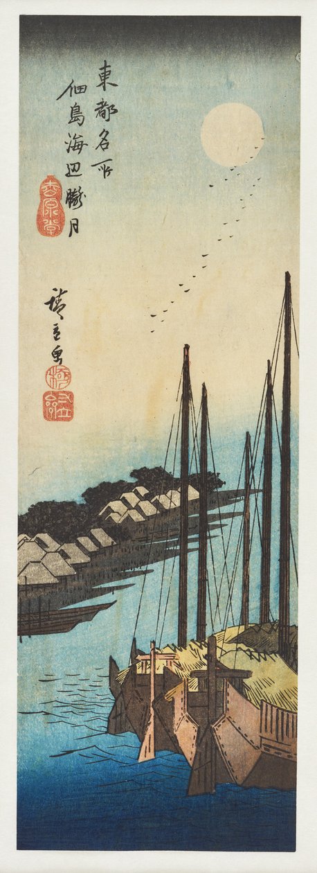 ”Itäisen pääkaupungin kuuluisia näkymiä” -sarjasta: Sumukuu Tsukudan meren yllä tekijältä Utagawa Hiroshige