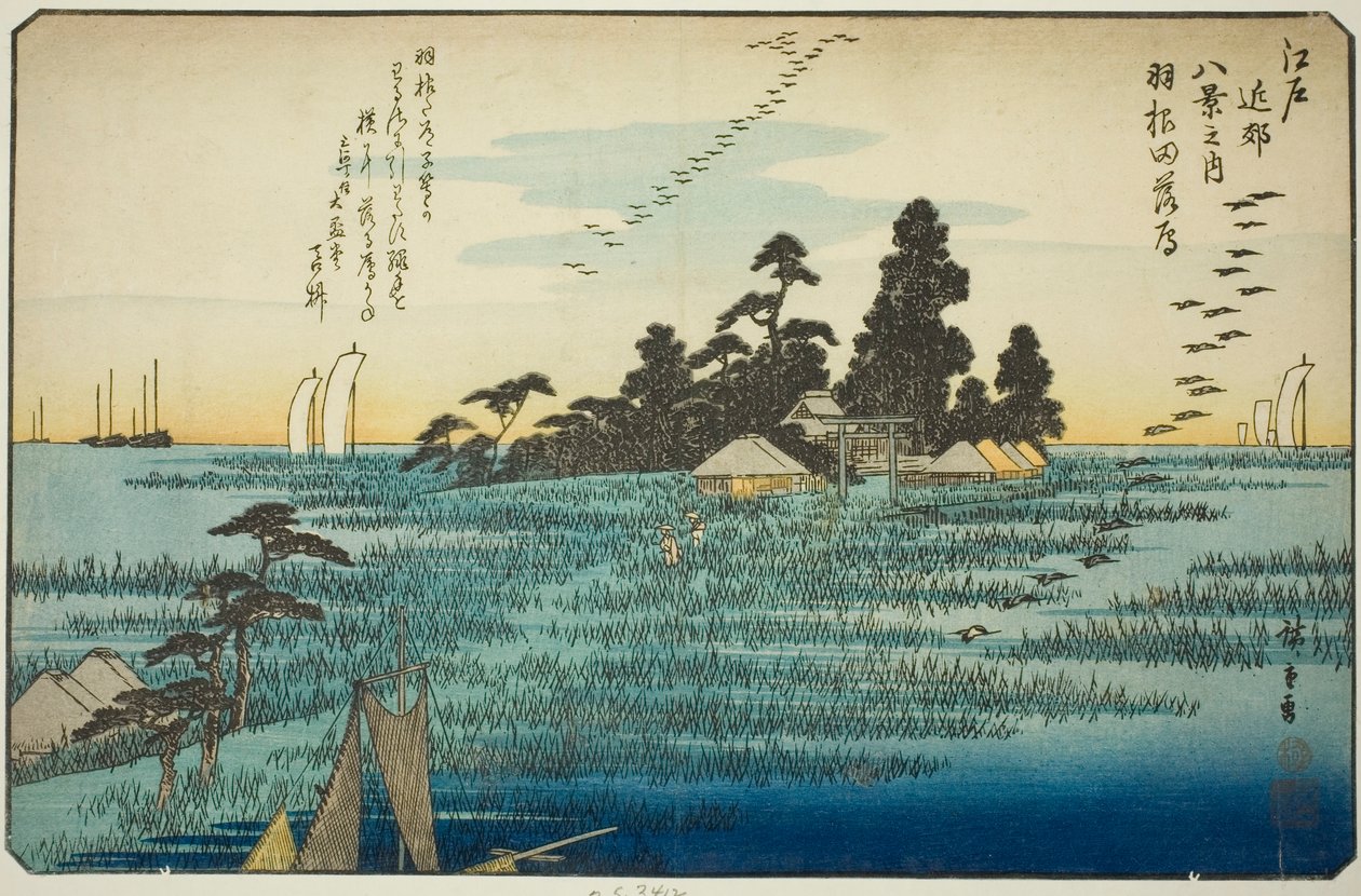 Laskevat hanhet Hanedalla (Haneda no rakugan), sarjasta "Kahdeksan näkymää Edon ympäristössä (Edo kinko hakkei no uchi)" tekijältä Utagawa Hiroshige