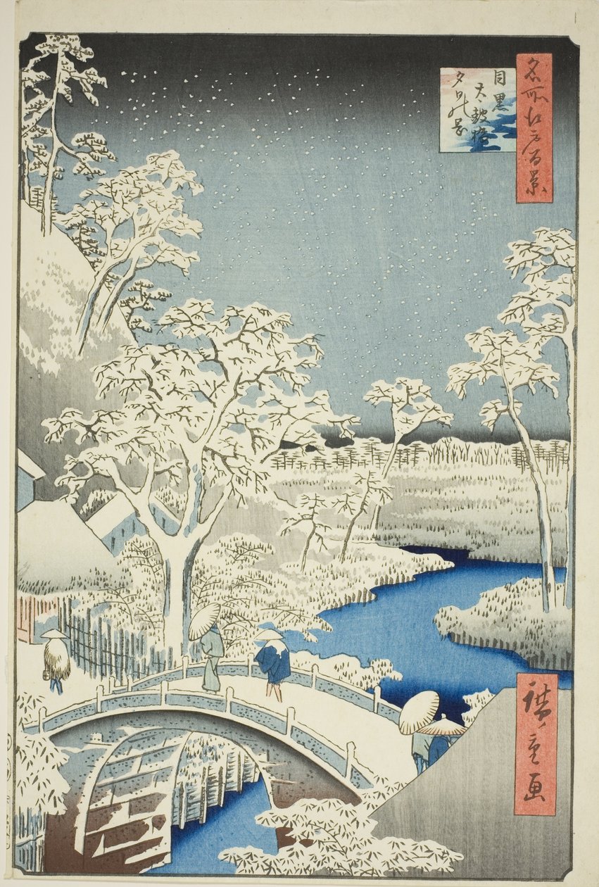 Meguro (Meguro Taikon silta, Yuino Hill), harjanteelta, Edon näkymä (Sata kuuluisaa näköalaa Edoon) " tekijältä Utagawa Hiroshige