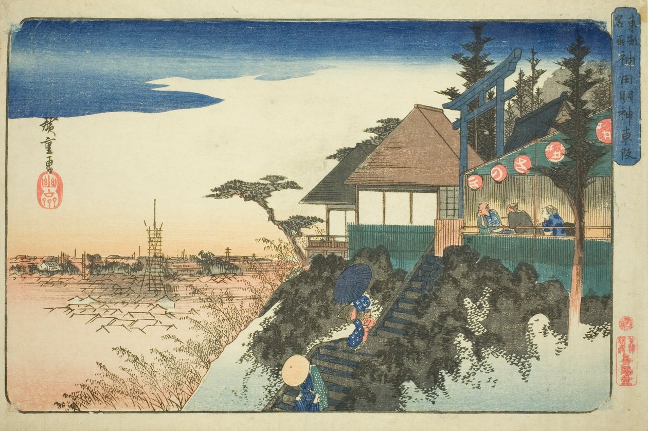 Itäinen nousu Kanda Myojinin pyhäkköön (Kanda Myojin higashizaka), sarjasta "Itäisen pääkaupungin kuuluisia paikkoja (Toto meisho)" tekijältä Utagawa Hiroshige