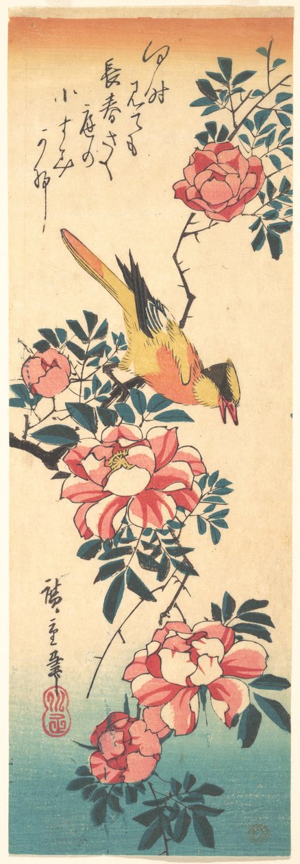 Östliche Grauwasserstelze und Rose tekijältä Utagawa Hiroshige