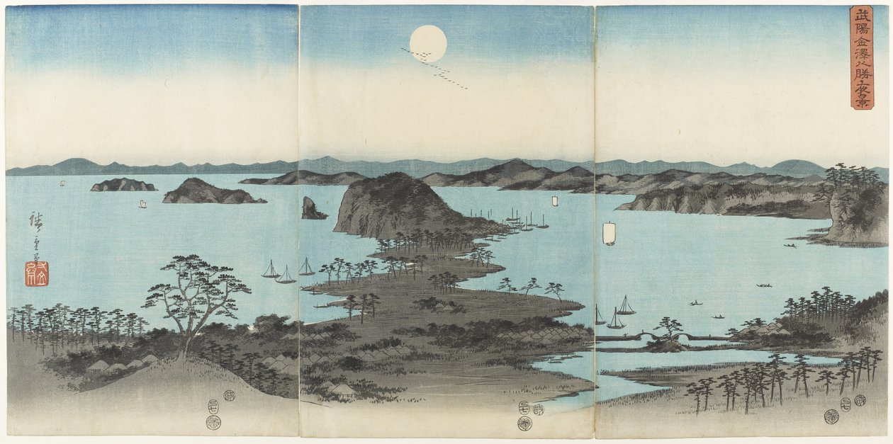 Kahdeksan näkymää Kanazawasta Musashin maakunnassa yöllä, heinäkuussa 1857 tekijältä Utagawa Hiroshige