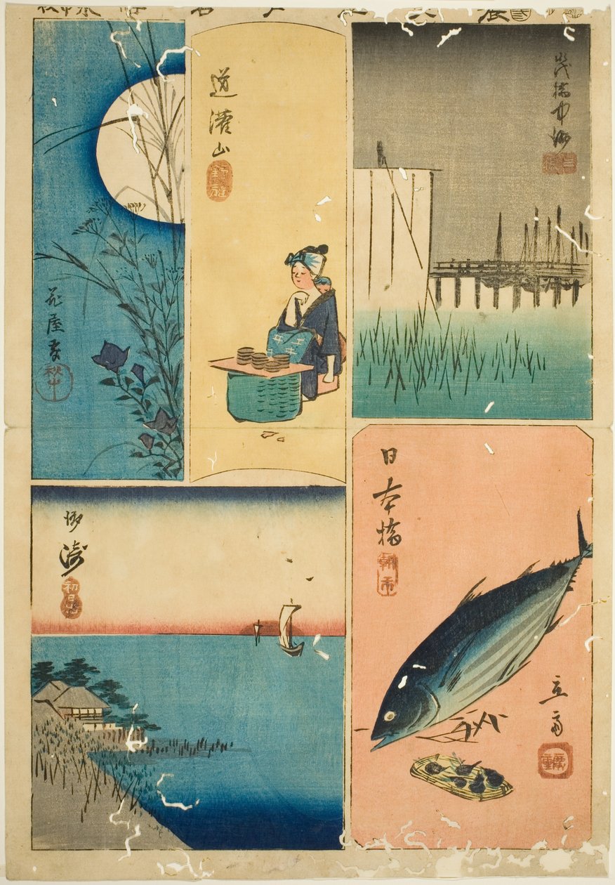 Eitai-silta, Nihon-silta, Susaki, Flower Garden ja Dokan Hill (Eitaibashi, Nihonbashi, Susaki, Hanayashiki, Dokanyama), sarjasta "Leikkaukset kuuluisista paikoista Edossa (Harimaze Koto meisho)" tekijältä Utagawa Hiroshige