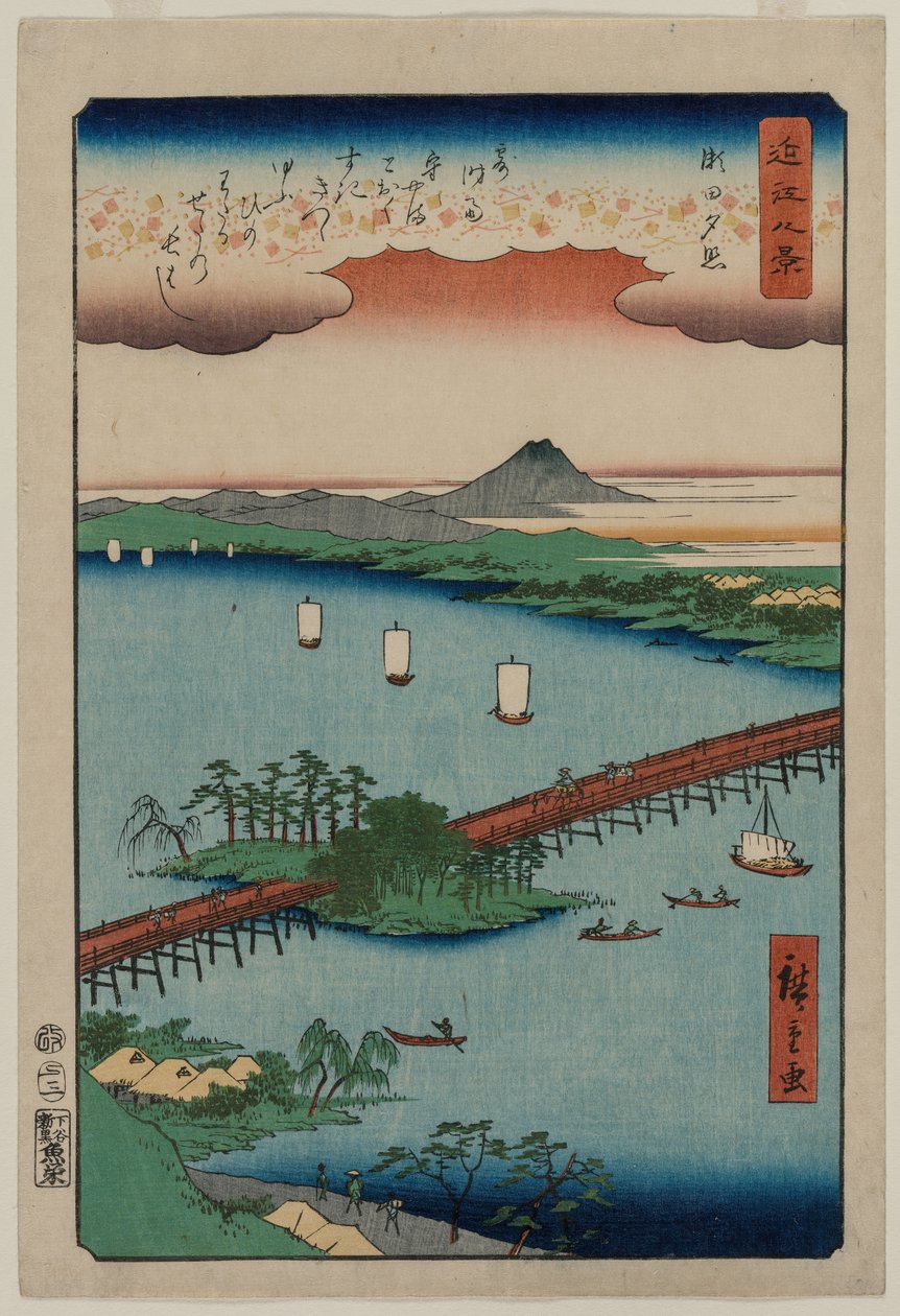 Iltahohto Setassa sarjasta Eight Views of Ōmi tekijältä Utagawa Hiroshige