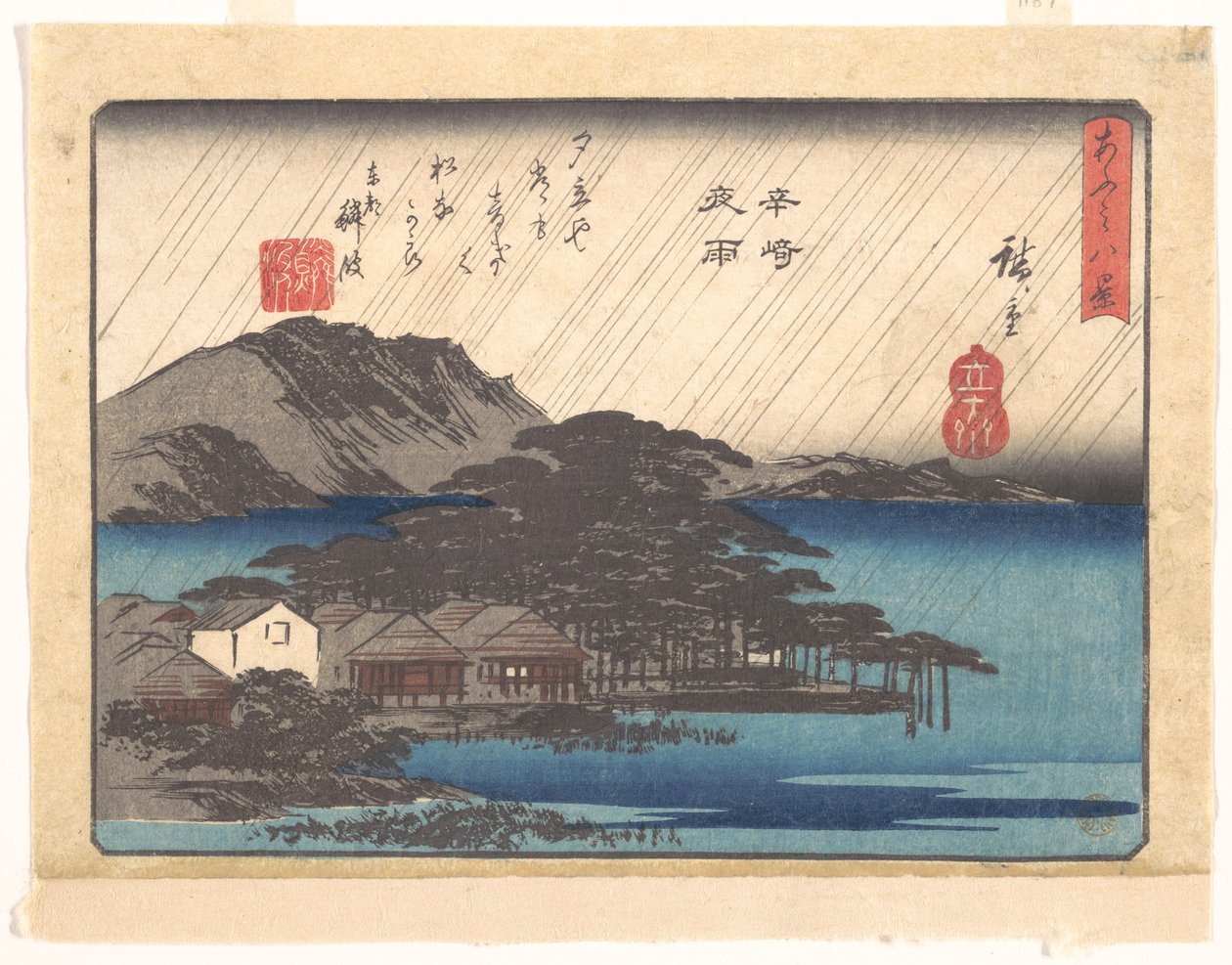 Iltasade Karasakissa, sarjasta Kahdeksan näkymää Ōmista (Ōmi hakkei) tekijältä Utagawa Hiroshige
