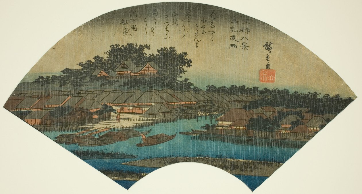 Iltasade Matsuchiyamassa (Matsuchiyama yau), sarjasta "Kahdeksan näkymää itäiseen pääkaupunkiin (Toto hakkei)" tekijältä Utagawa Hiroshige
