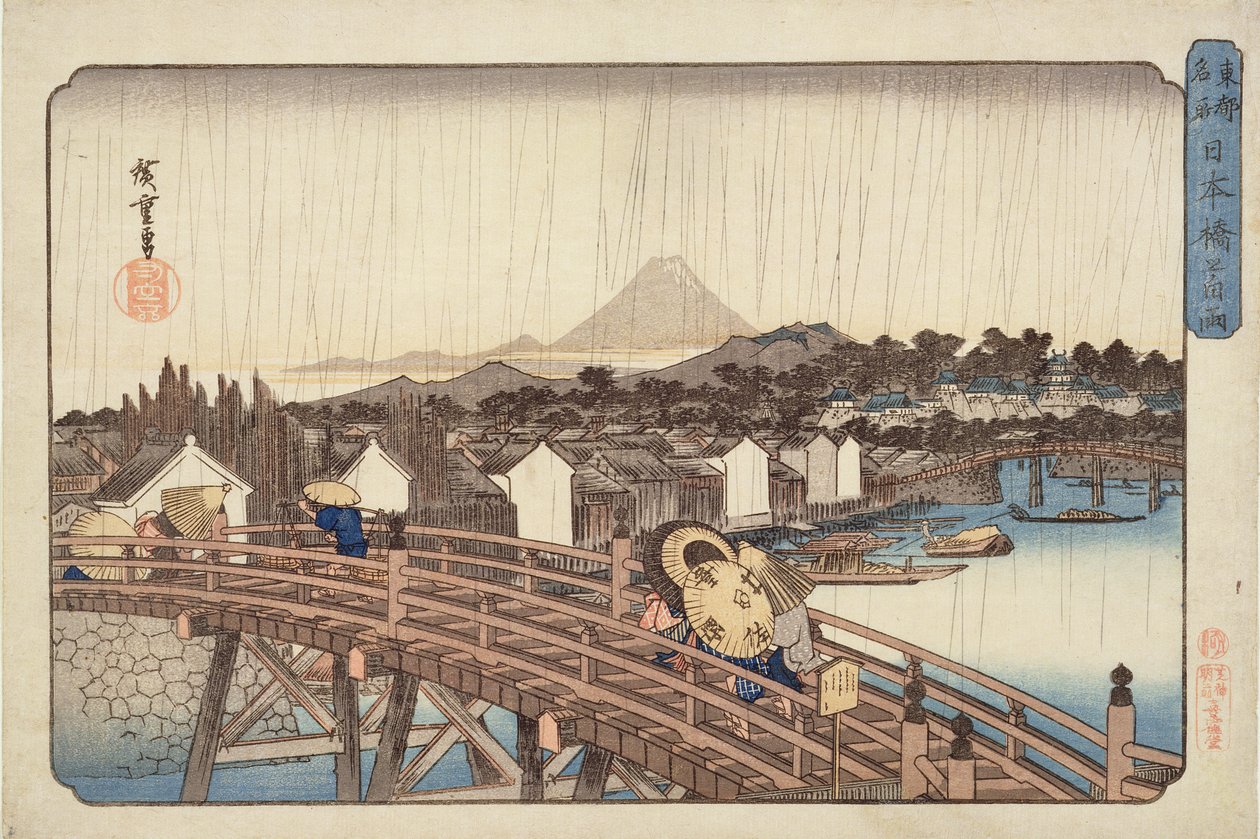 Iltasuihku Nihonbashi-sillalla, Itäpääkaupungin tunnetuista paikoista c. 1832 (puupalikkaväripainatus) tekijältä Utagawa Hiroshige
