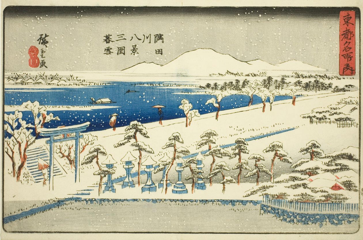 Noite de neve em Mimeguri, oito vistas do rio Sumida (Sumidagawa hakkei, Mimeguri bosetsu), da série "Lugares famosos na capital oriental (Toto meisho no uchi)" finlandês tekijältä Utagawa Hiroshige