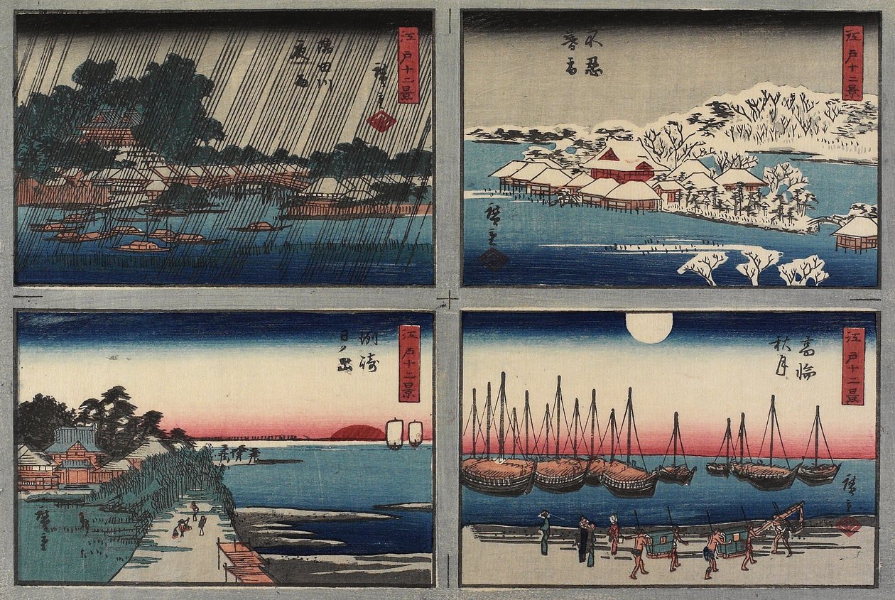 Iltalunta Shinobazussa, syksyn kuu Takanawassa, auringonnousu Susakissa, yösade Sumida-joella, 1843-1847 tekijältä Utagawa Hiroshige