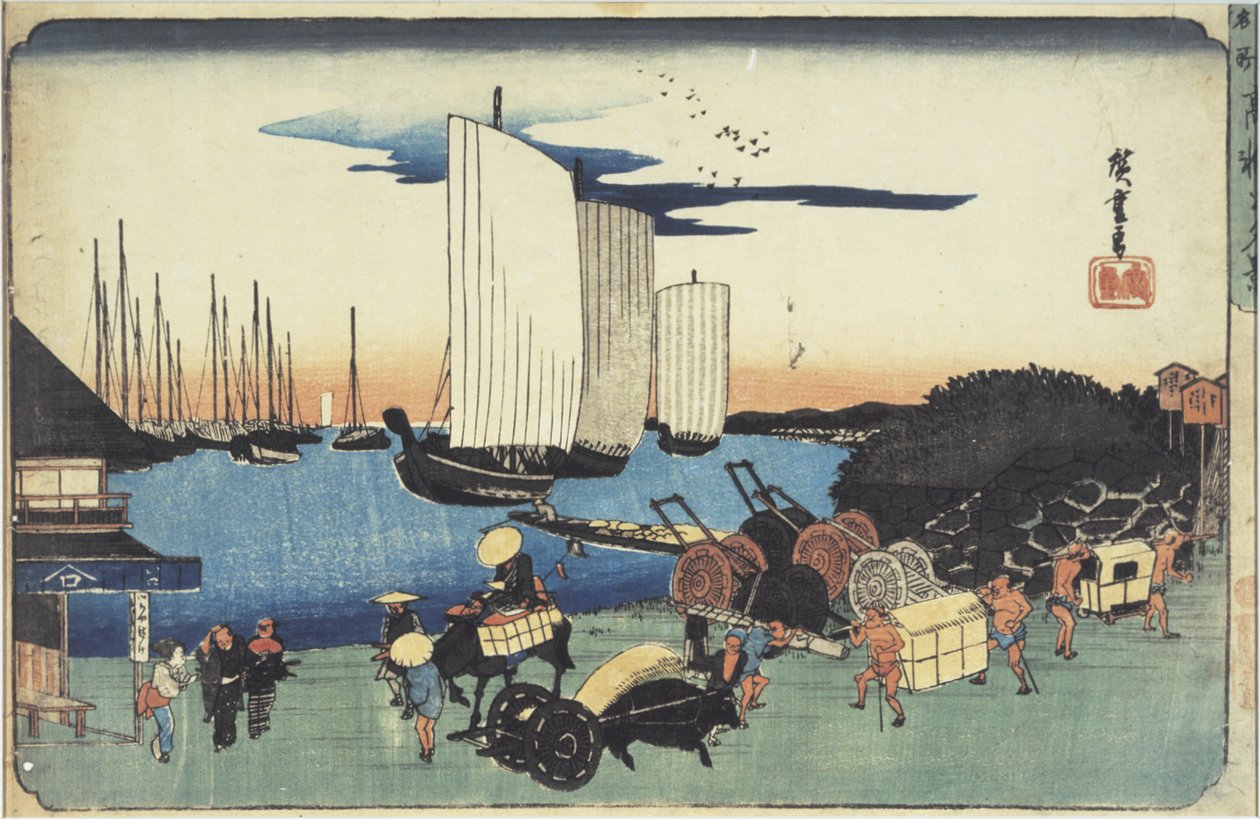 ”Iltanäkymä Takanawasta” sarjasta ”Itäisen pääkaupungin kuuluisat paikat” tekijältä Utagawa Hiroshige