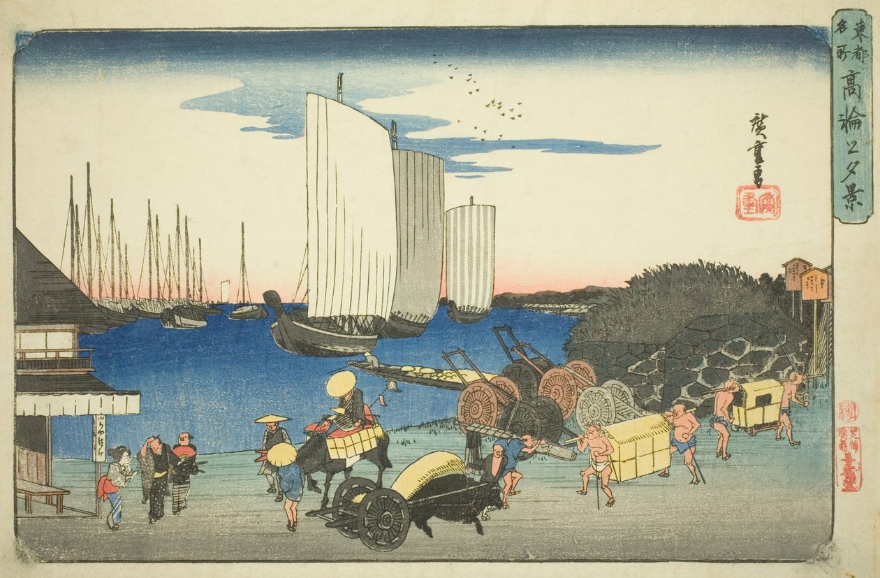 Iltanäkymä Takanawasta (Takanawa no yukei), sarjasta "Itäisen pääkaupungin kuuluisia paikkoja (Toto meisho)" tekijältä Utagawa Hiroshige
