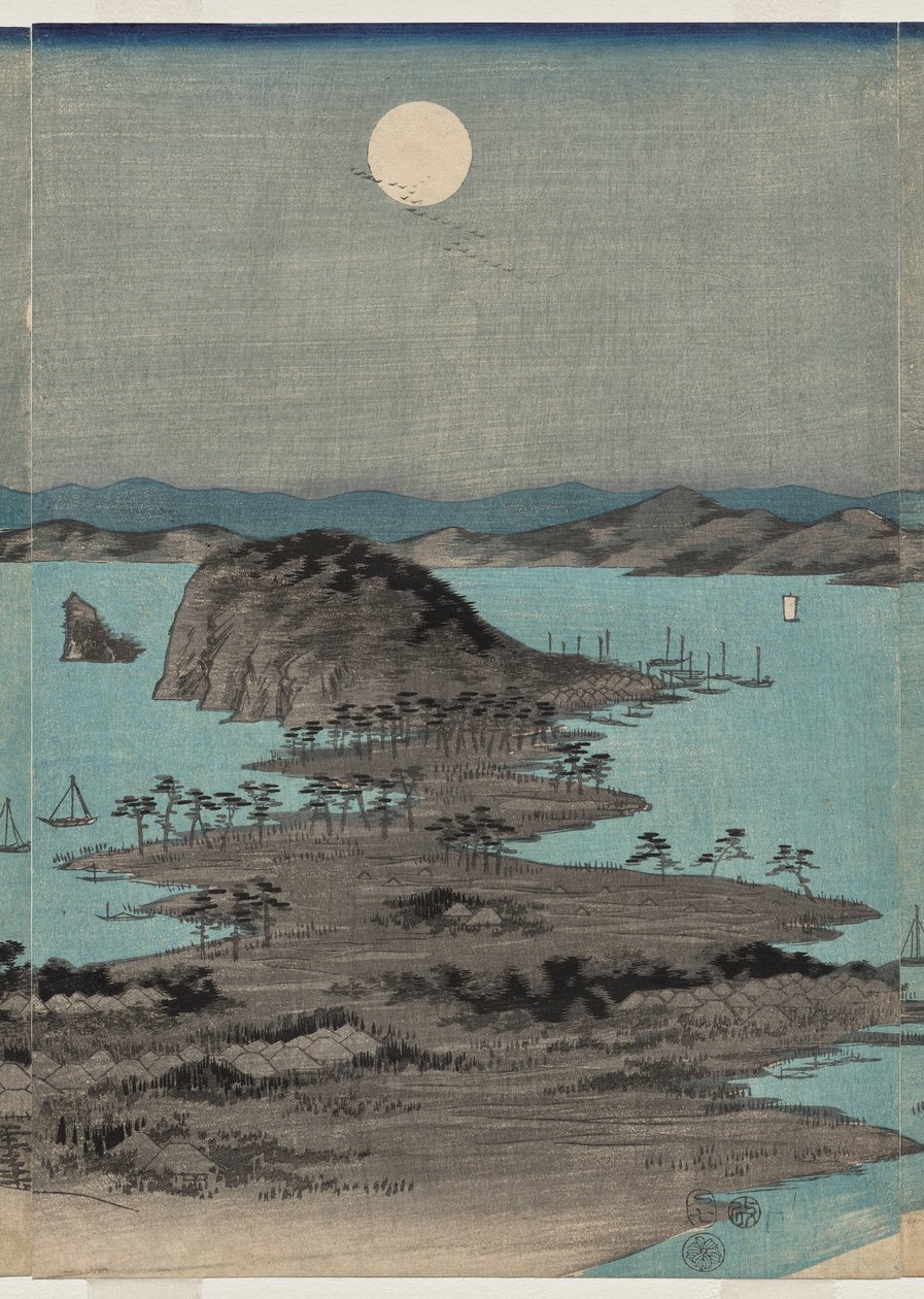 Iltanäkymä kahdeksaan kuuluisaan paikkaan lähellä Kanazawan täysikuuta Musashin maakunnassa tekijältä Utagawa Hiroshige