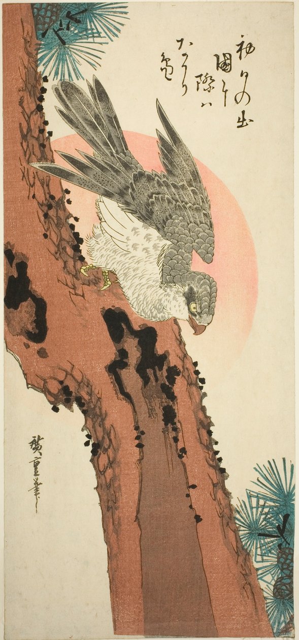 Haukka männyllä nousevan auringon kanssa tekijältä Utagawa Hiroshige