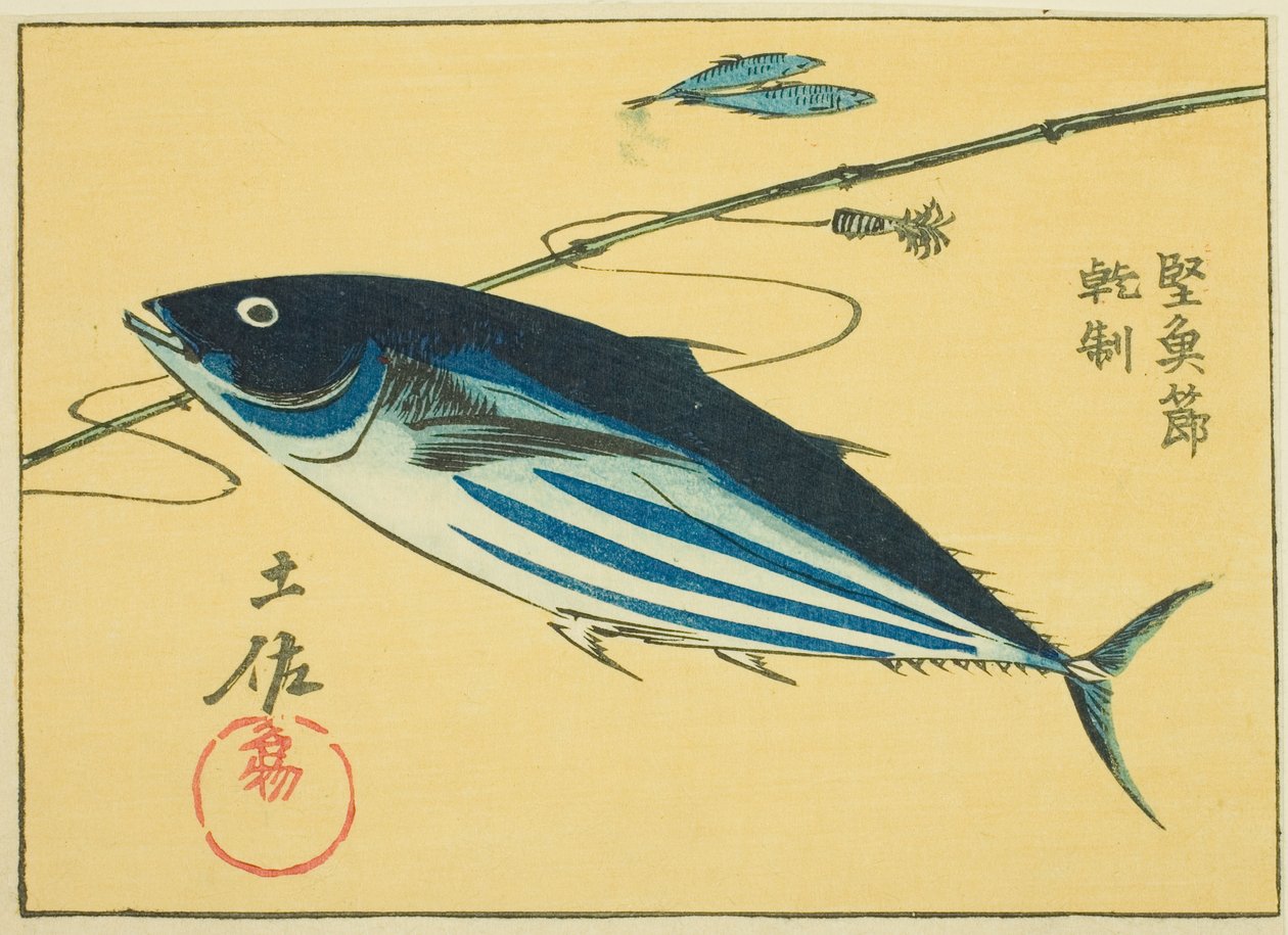 Tosan maakunnan kuuluisat tuotteet: Kuivattu Bonito (Tosa meibutsu, katsuobushi), osa arkin nro. 16 sarjasta "Cutout Pictures of the Provinces (Kunizukushi harimaze zue)" tekijältä Utagawa Hiroshige