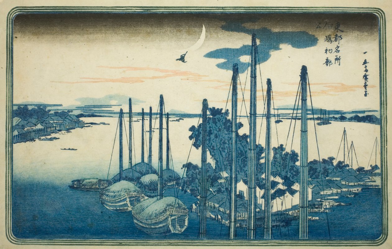 Vuoden ensimmäinen käki Tsukudan saarella (Tsukudajima, hatsu hototogisu), sarjasta "Itäisen pääkaupungin kuuluisia näkymiä (Toto Meisho)" tekijältä Utagawa Hiroshige