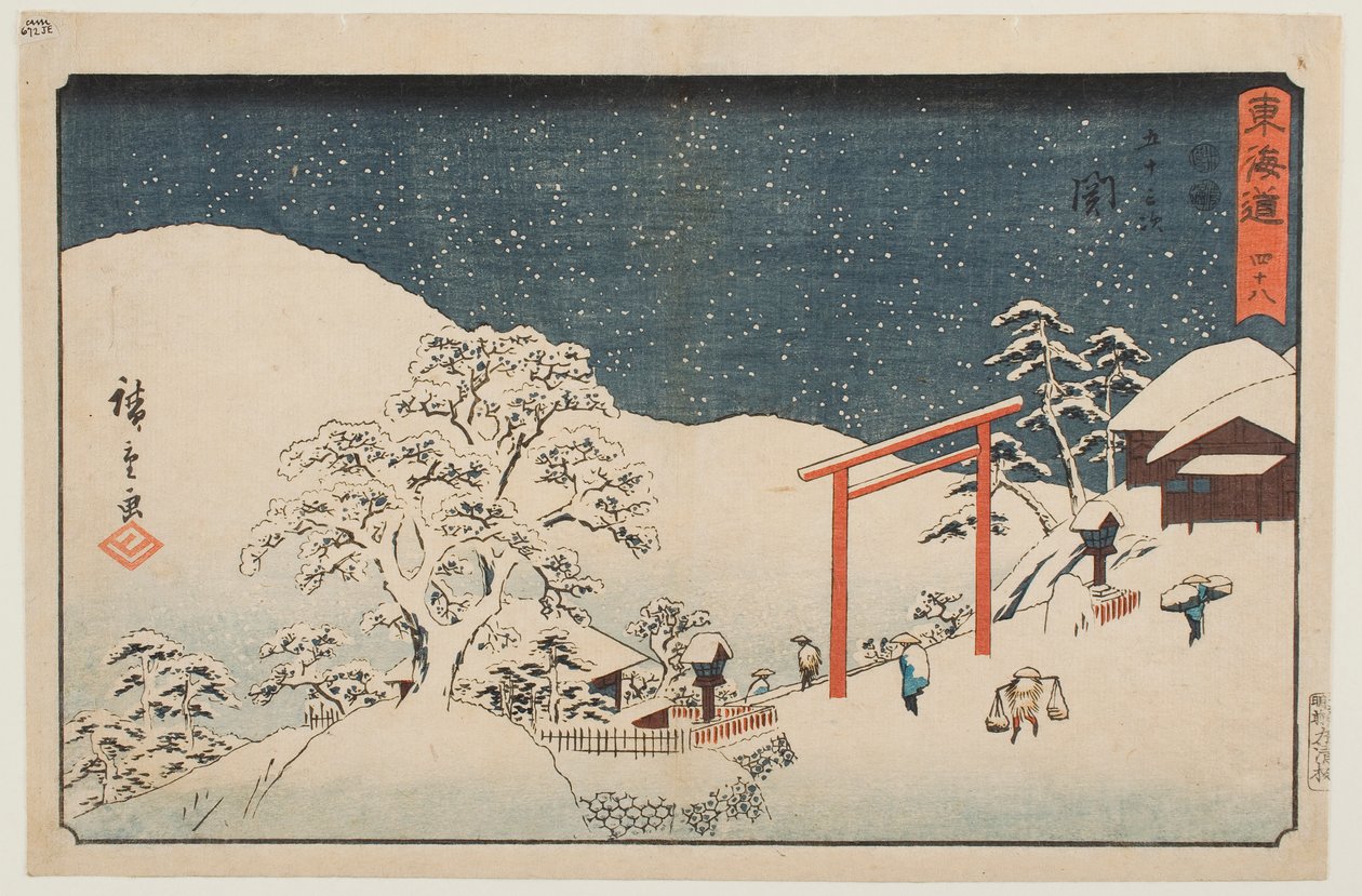 Neljäkymmentäkahdeksan: Seki, sarjasta "Tōkaidōn viisikymmentäkolme asemaa" tekijältä Utagawa Hiroshige