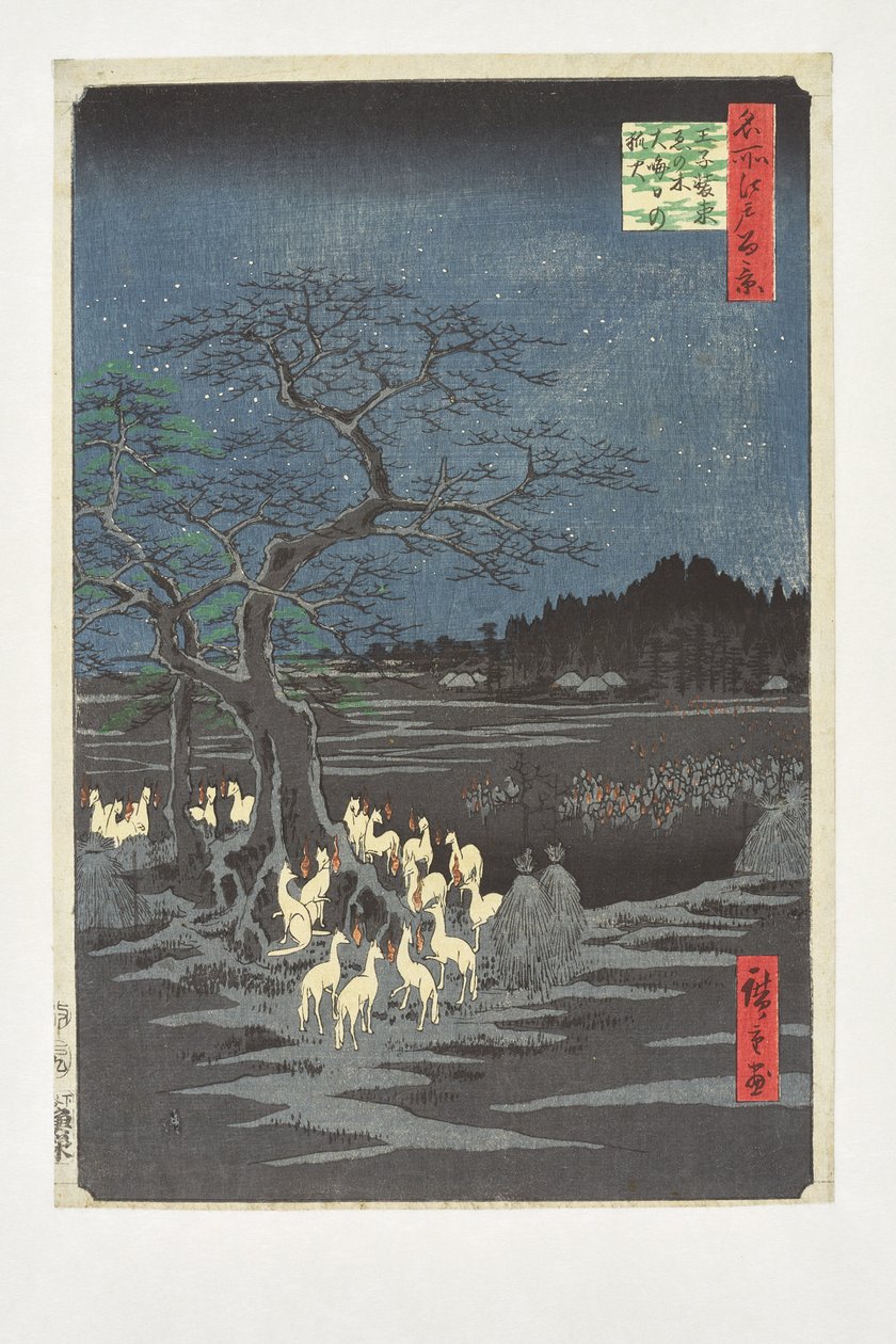 Ketunvalkeat uudenvuodenyönä nokkospuun alla Ojin luona sarjasta "100 kuuluisaa näkymää Edosta" tekijältä Utagawa Hiroshige