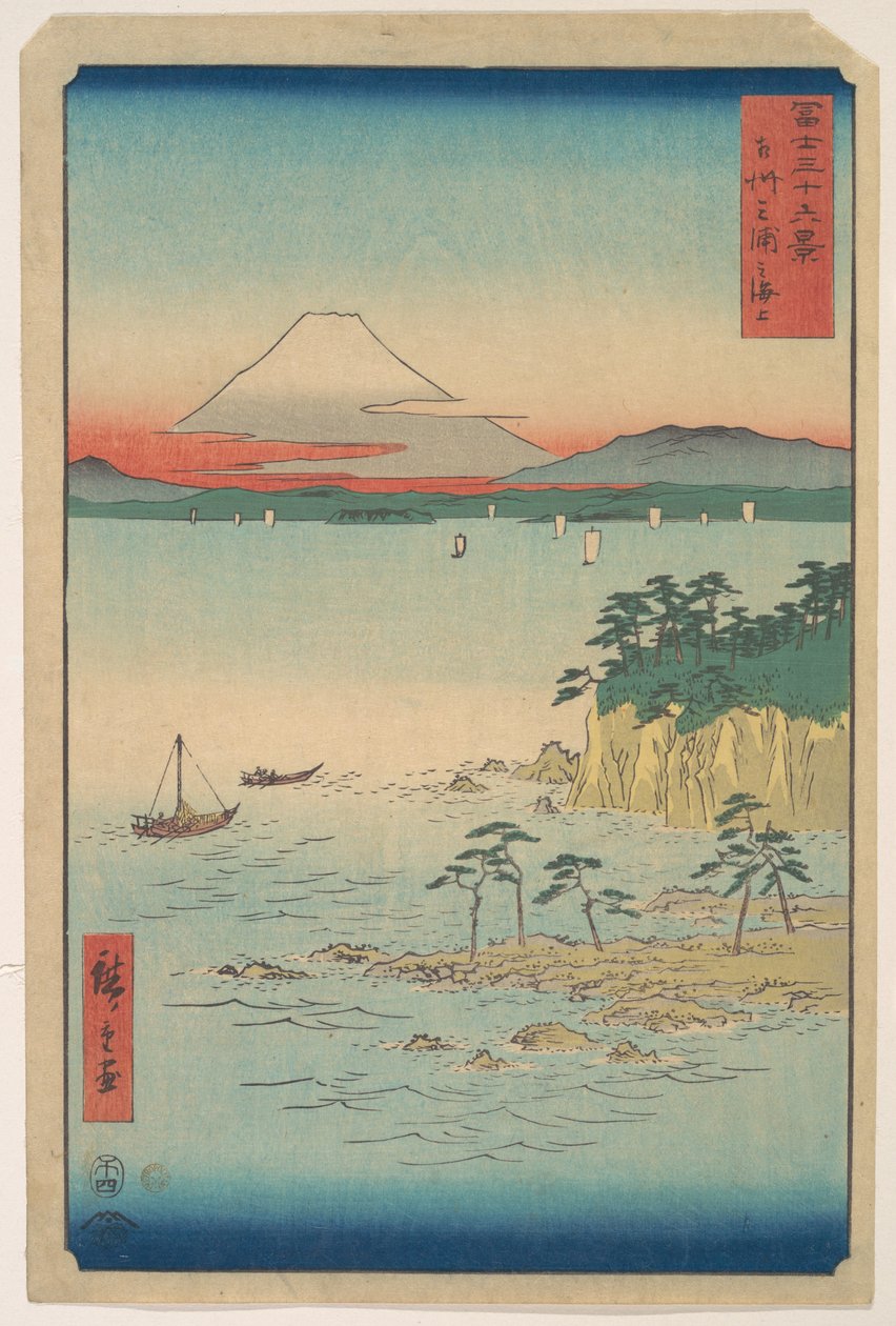 Fuji Miurasta, Sagamista (Soshu Miura no Kaijo), sarjasta ”Fuji-vuoren 36 näkymää” (Fugaku sanjūrokkei) tekijältä Utagawa Hiroshige