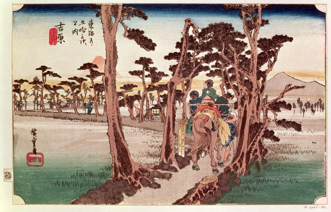 Fuji Yoshiwarasta 53 Tokaidon asemalta, n. 1833 (puupalikka) tekijältä Utagawa Hiroshige