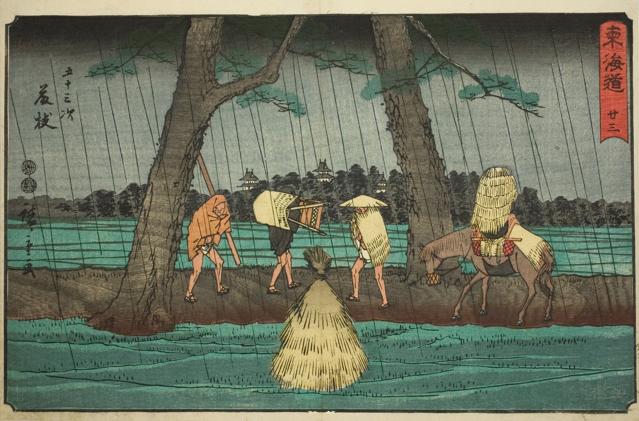 Fujieda - Ei. 23, sarjasta "Fifty-three Stations of the Tokaido (Tokaido gojusan tsugi)", joka tunnetaan myös nimellä Reisho Tokaido tekijältä Utagawa Hiroshige