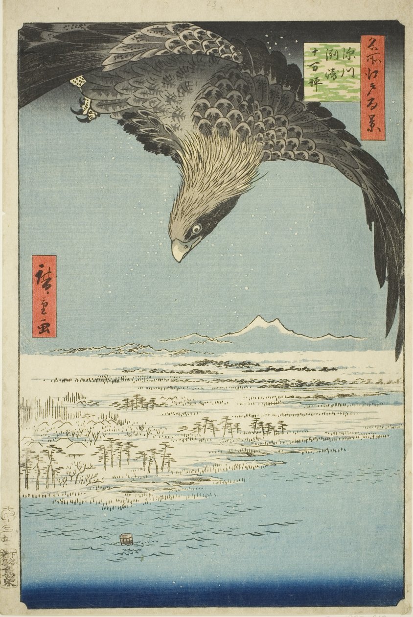 Fukagawa Susaki ja Jumantsubo (Fukagawa Susaki Jumantsubo), sarjasta kei)” tekijältä Utagawa Hiroshige