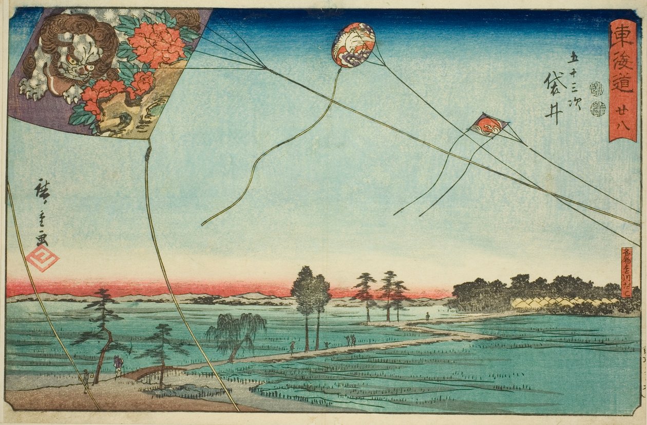 Fukuroi: Enshun kuuluisat leijat (Fukuroi, meibutsu Enshu dako) – nro 28, sarjasta "Fifty-three Stations of the Tokaido (Tokaido gojusan tsugi)", joka tunnetaan myös nimellä Reisho Tokaido tekijältä Utagawa Hiroshige