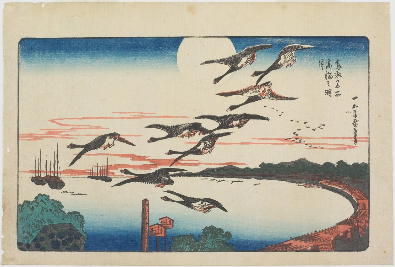 Täysikuu Takanawan yllä tekijältä Utagawa Hiroshige