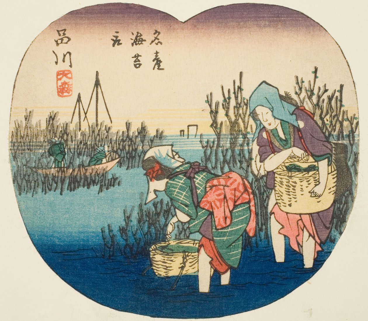 Merilevän kerääminen Omorissa Shinagawassa (Shinagawa, Omori, meisan nori tori), arkin 1 osa sarjasta "Katkaistu kuvia Tokaido Roadista (Tokaido harimaze zue)" tekijältä Utagawa Hiroshige